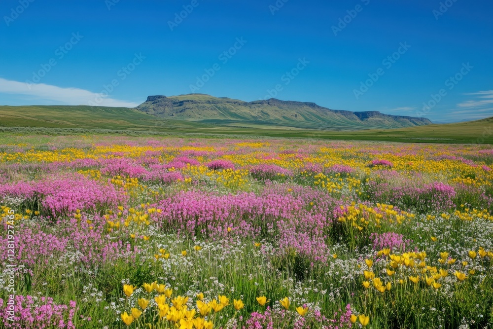 Obraz premium Expansive Wildflower Meadow Under Clear Blue Sky with Mountainous Background