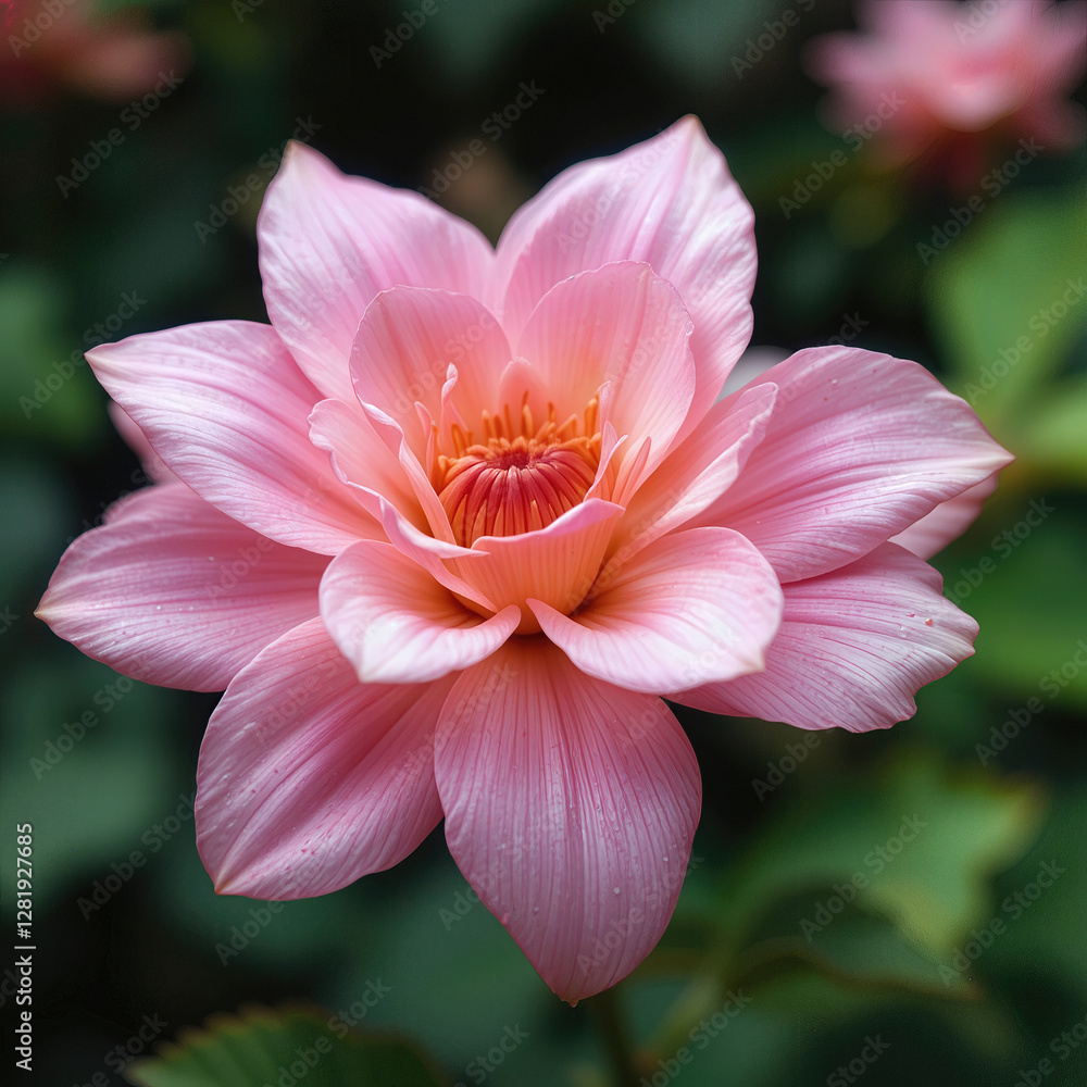 Pink dahlia flower blooming, top view, close up, in garden. Feel warm of natural from lovely flora and calm vibe from this wonderful flower Pink dahlia flower blooming, top view, close up, in garden. Feel warm of natural from lovely flora and calm vibe from this wonderful flower