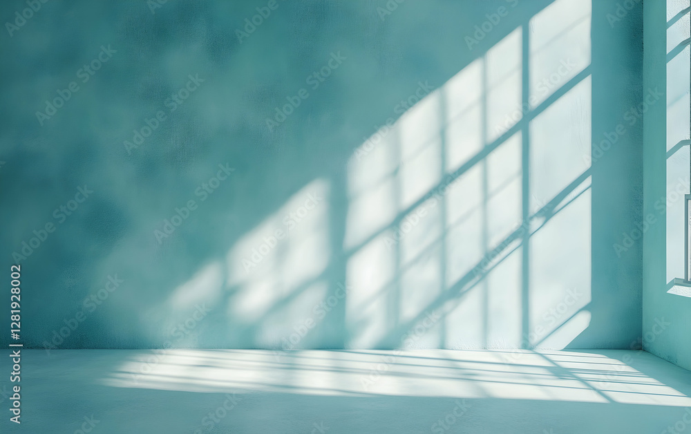 Obraz premium Minimalist light blue plaster wall with natural shadows from a window, perfect for product presentation