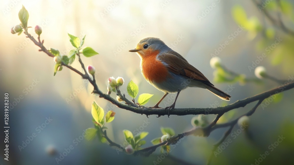 A robin perched delicately on a tree branch, surrounded by the first buds of spring, with soft morning light filtering through the fresh greenery. A robin perched delicately on a tree branch, surrounded by the first buds of spring, with soft morning light filtering through the fresh greenery.