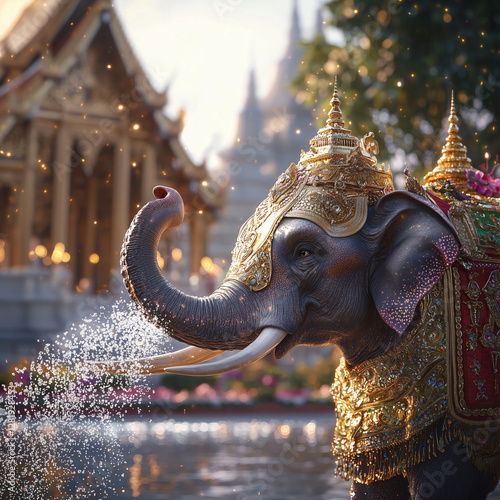 Thai elephant, decorated, gold, majestic, tradition, ceremony, spraying, water, animal, culture, outdoor, front view, travel, landmark, tourism in river with happiness