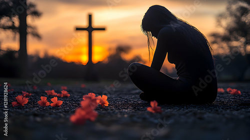 Woman praying at sunset, cross, grief, cemetery, hope, faith, spiritual, religion, memorial, loss