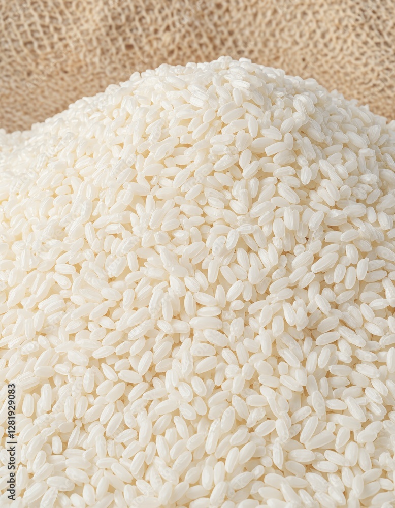 Pile of uncooked white rice grains on a textured burlap surface. Food and agriculture concept. Pile of uncooked white rice grains on a textured burlap surface. Food and agriculture concept.