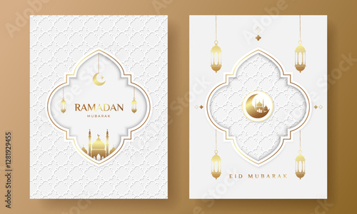 Ramadan Kareem and Eid set. Mubarak Design template with Oriental Islamic patterns, Mosque, lanterns, crescent for greeting banner, card, poster. Vector illustration on white and gold colors