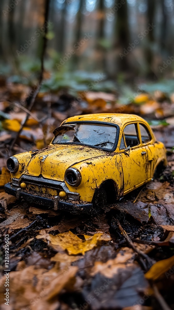 Fototapeta premium Rusty toy car autumn forest leaves