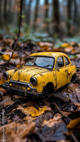 Rusty toy car autumn forest leaves