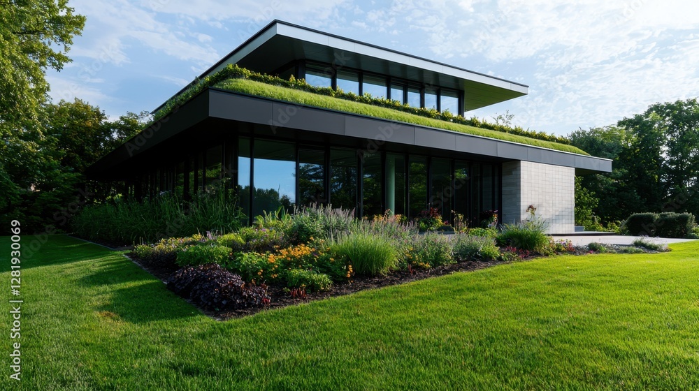 A large house with a green roof and a lush garden A large house with a green roof and a lush garden