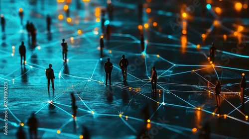 Digital communication metaphor with miniature human figures linked by glowing lines.