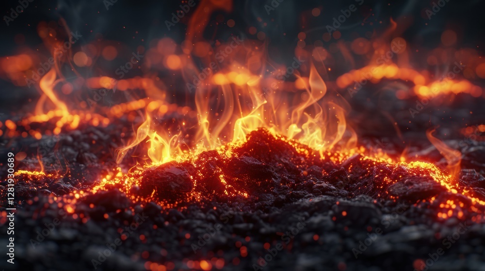Glowing Lava Flow With Bright Flames and Dark Surroundings Glowing Lava Flow With Bright Flames and Dark Surroundings