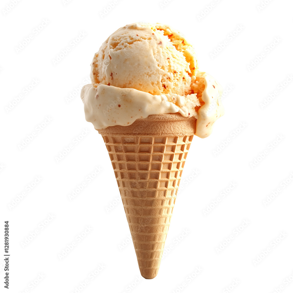 A single scoop of orange sherbert ice cream in a sugar cone. A single scoop of orange sherbert ice cream in a sugar cone.