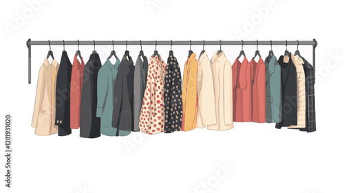 Stylish fashion clothes hanging on hangers. Woman clothes illustration