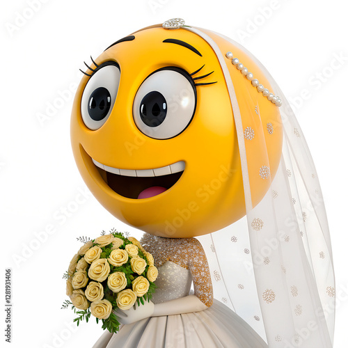 A bride emoji with a wide smile in a voluminous white dress. The veil is decorated with patterns and pearls. Holding a bouquet of cream roses, eyes sparkling with joy.

