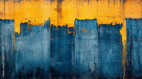 Abstract Concrete Wall Texture with Yellow and Blue Paint Splashes
