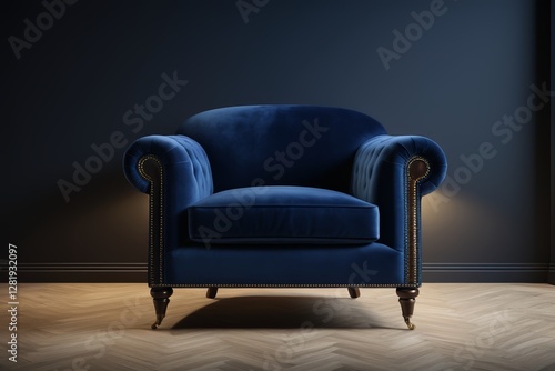 arafed blue chair in a dark room with a lamp on photo