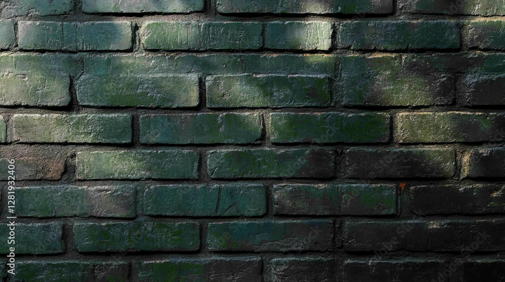 Rustic brick wall with forest green moss texture and natural shadows for urban design Rustic brick wall with forest green moss texture and natural shadows for urban design