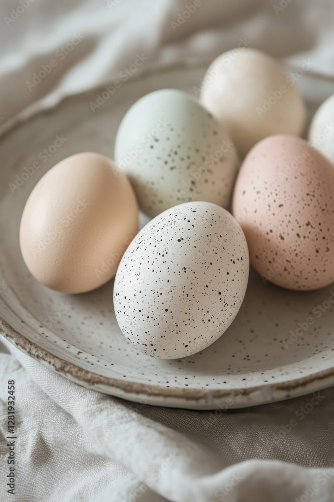 Pastel colored Easter eggs on a clay plate. Pastel colored Easter eggs on a clay plate.