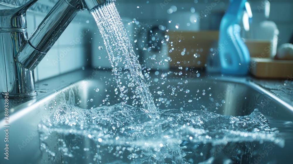 Water Flowing from Faucet into Kitchen Sink with Splashing Water Drops Water Flowing from Faucet into Kitchen Sink with Splashing Water Drops
