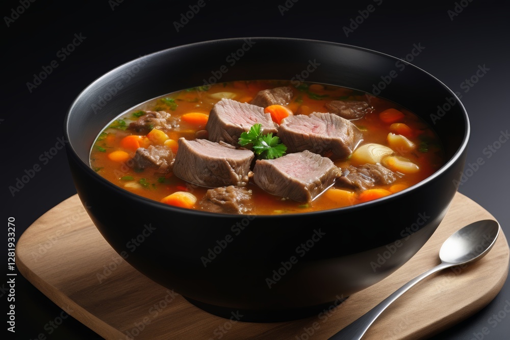 there is a bowl of soup with meat and vegetables on a cutting board there is a bowl of soup with meat and vegetables on a cutting board