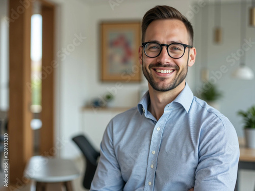 Portrait of a smiling man in glasses, sitting in a modern office setting. He exudes confidence and professionalism.
