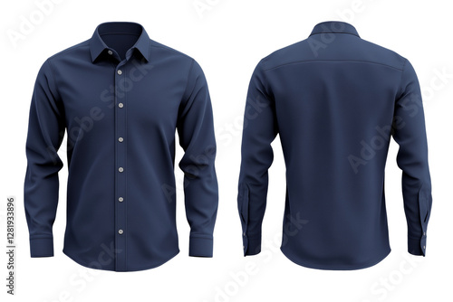 Men's long-sleeved dark blue shirt, front and back. Transparent bottom