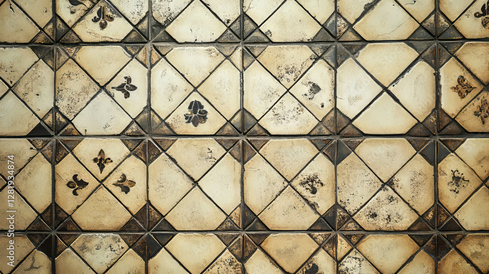 Rustic patterned beige tiles with dark brown geometric design for interior decoration Rustic patterned beige tiles with dark brown geometric design for interior decoration