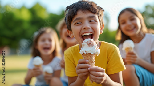 Happy children enjoying ice cream on sunny day, laughing and having fun together. joy of summer is captured in their smiles and delicious treats