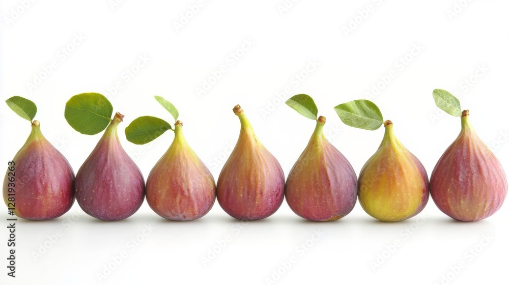 Fresh ripe figs with leaves lined up against white background Fresh ripe figs with leaves lined up against white background