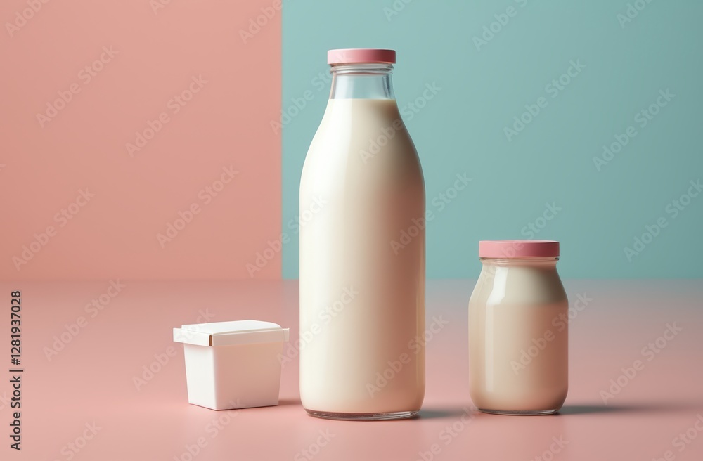 Sleek Milk Bottle Packaging Mockup with Soft Pastel Background. Brand logos, taglines, promotional text overlays, marketing campaigns, food industry, Branding and packaging design, e-commerce product Sleek Milk Bottle Packaging Mockup with Soft Pastel Background. Brand logos, taglines, promotional text overlays, marketing campaigns, food industry, Branding and packaging design, e-commerce product