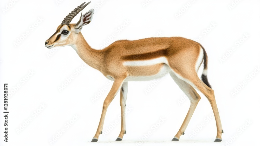 Fototapeta premium Graceful young adult antelope gazelle with distinctive horns on white background