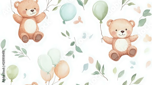 Cute teddy bears with balloons on a soft pastel background, perfect for children's decor or party invitations. Ideal for nursery themes.