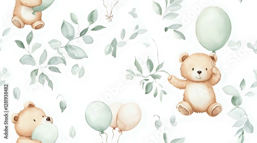 Cute watercolor pattern featuring adorable teddy bears holding balloons amidst soft green leaves, perfect for children's decor and invitations.