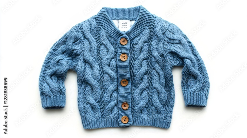 Blue knitted cable pattern cardigan with wooden buttons for children Blue knitted cable pattern cardigan with wooden buttons for children