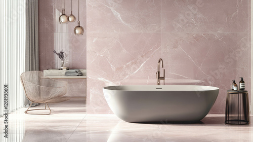 Wallpaper Mural Elegant bathroom interior with pink marble tiles and modern tub design Torontodigital.ca