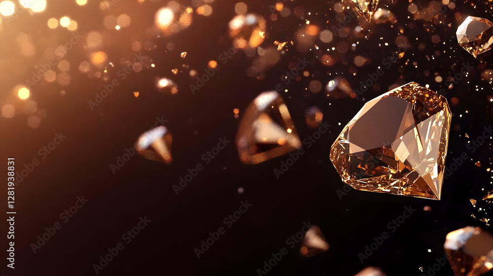 Fototapeta premium A stylish brown background with sparkling gold diamonds, leaving space for your message. Perfect for creating a luxurious and exclusive brand image.low poly wireframe.