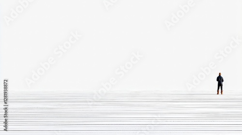 Solitary Figure Walking on a White Snowy Landscape Under Gray Sky