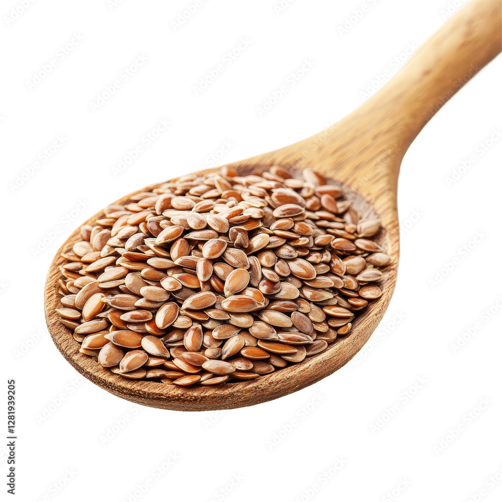 Flax seeds in a wooden spoon resting on a transparent background for a healthy cooking ingredient display, Flax seeds in wood spoon isolated on transparent background Flax seeds in a wooden spoon resting on a transparent background for a healthy cooking ingredient display, Flax seeds in wood spoon isolated on transparent background