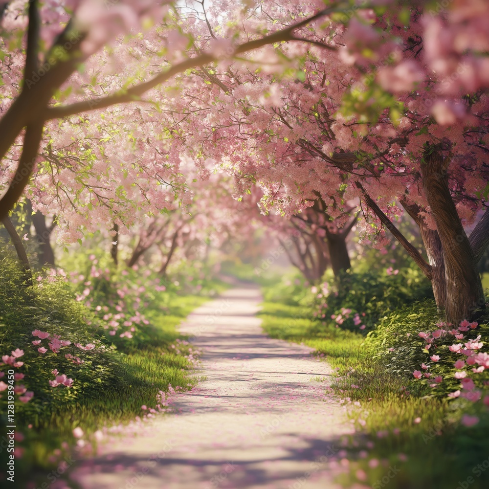 Tranquil path through a blossoming pink tree tunnel. Tranquil path through a blossoming pink tree tunnel.
