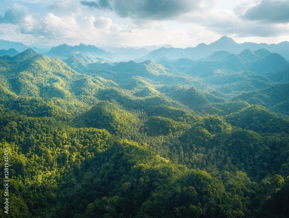 Fototapeta premium Vibrant green tropical rainforest with misty mountain peaks in the distance.