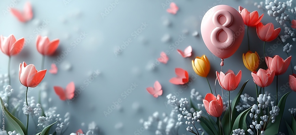 Obraz premium Pink Tulips and Number 8 Balloon with Butterflies