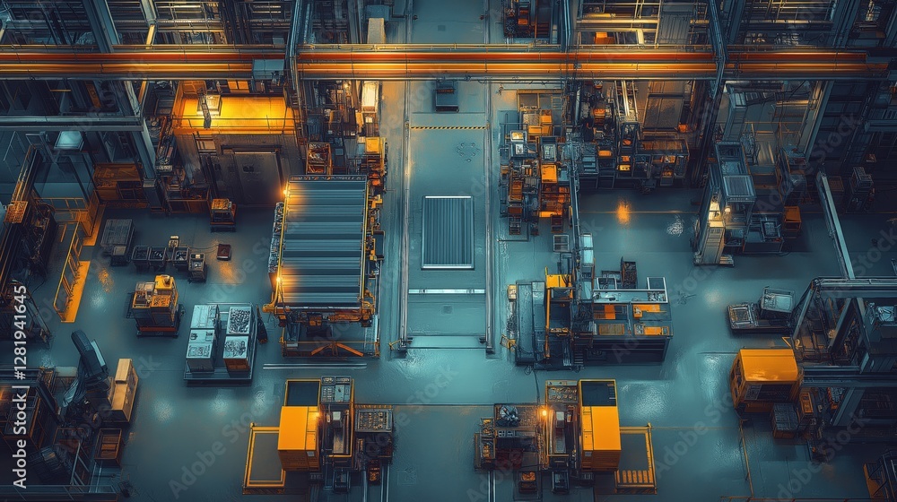 custom made wallpaper toronto digitalHigh-angle view of a futuristic factory at night, showcasing automated machinery and a sleek design.