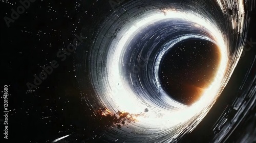 Cosmic Vortex: A realistic depiction of a black hole, a celestial object with gravity so strong that nothing, not even light, can escape its pull.