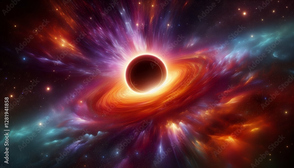 Obraz premium A mesmerizing black hole swirls with immense gravitational pull, its luminous event horizon glowing against the void. Ethereal light bends, creating a surreal, powerful spectacle
