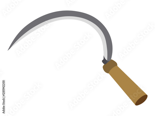 Sickle farming tool with curved steel blade and wooden handle for harvesting