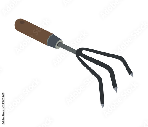 Garden hand cultivator with wooden handle and three metal prongs for soil loosening