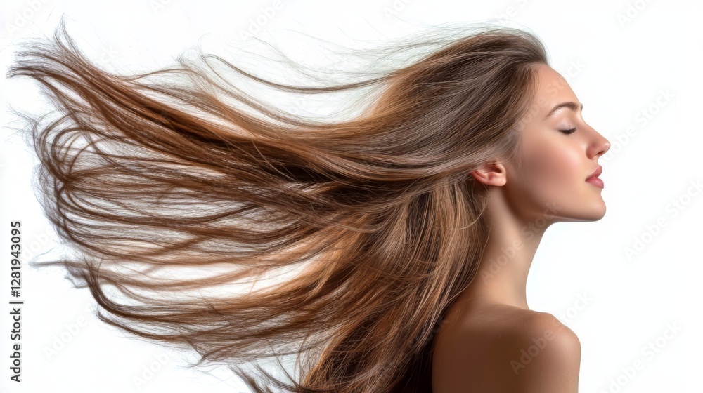 Young adult female with flowing long brown hair against white background Young adult female with flowing long brown hair against white background