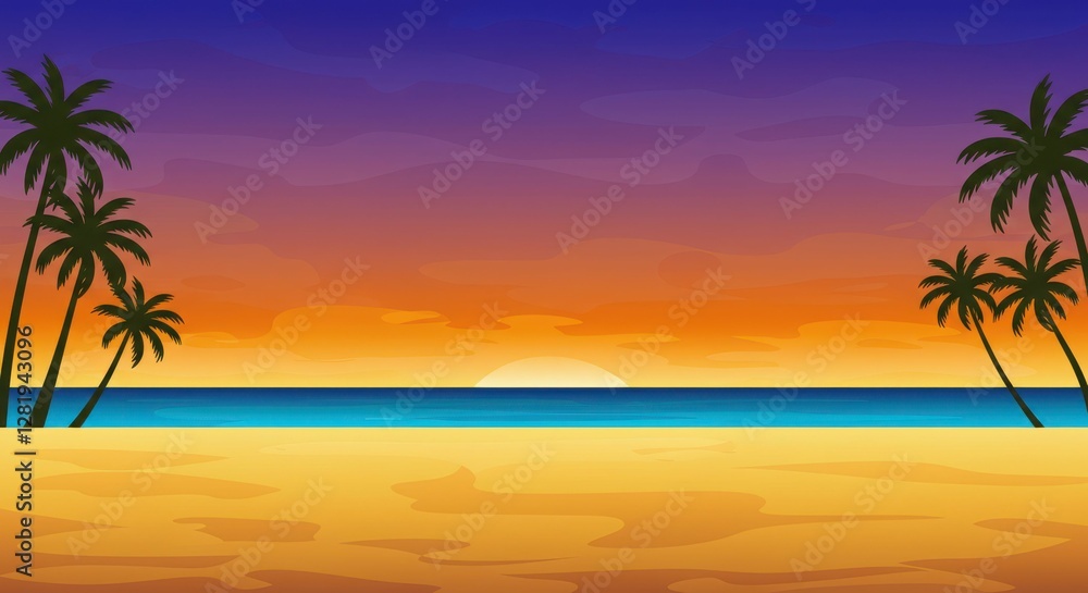 Obraz premium Vibrant tropical sunset over ocean with silhouetted palm trees on sandy beach
