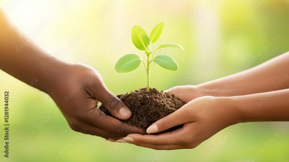 Growing plant held by two hands, symbolizing unity and care for nature. image captures moment of nurturing and hope, emphasizing importance of environmental stewardship Growing plant held by two hands, symbolizing unity and care for nature. image captures moment of nurturing and hope, emphasizing importance of environmental stewardship