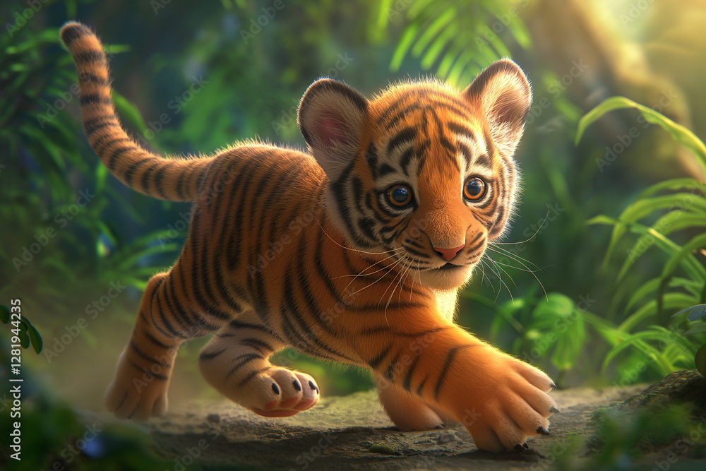 Obraz premium A playful tiger cub with bright, expressive eyes and soft orange fur, marked by bold black stripes