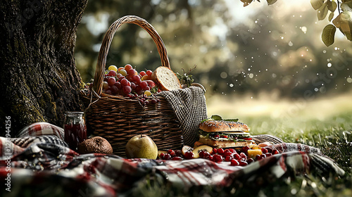 Ultra-Realistic Picnic Basket with Fruits and Sandwiches photo