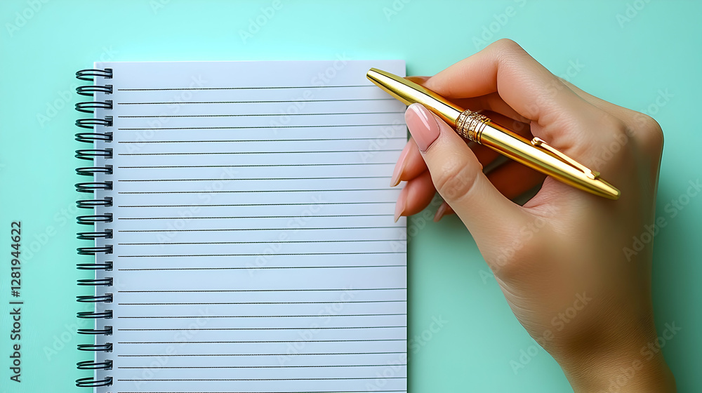 Woman's hand writing in notebook on mint background Woman's hand writing in notebook on mint background